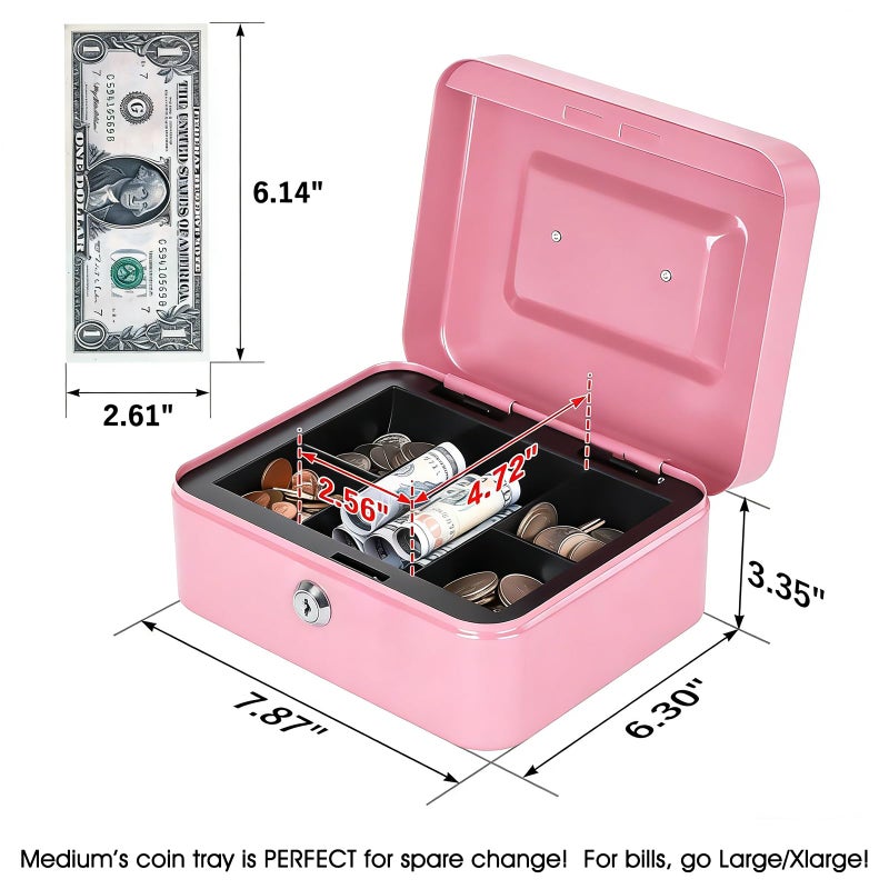 Kyodoled Medium Cash Box with Money Tray,Small Safe Lock Box with Key, Drawer,7.87"x 6.30"x 3.54" Pink - Image 2
